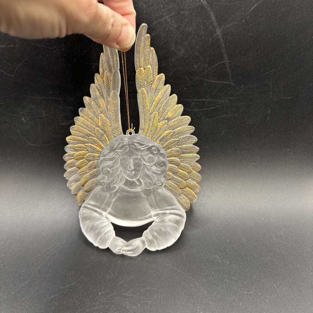Vintage Angel Christmas Ornament Acrylic Plastic Frosted Gold Accent Wings